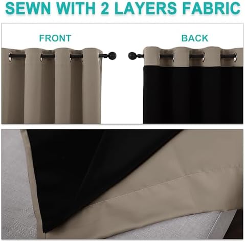 NICETOWN 100% Blackout Short Curtains with Black Liners, 2 Panels, 37" W by 40" L, Taupe, Solid Thermal Insulated Full Blackout 2-Layer Lined Drapes, Energy Efficiency Window Draperies for Bedroom - Image 5