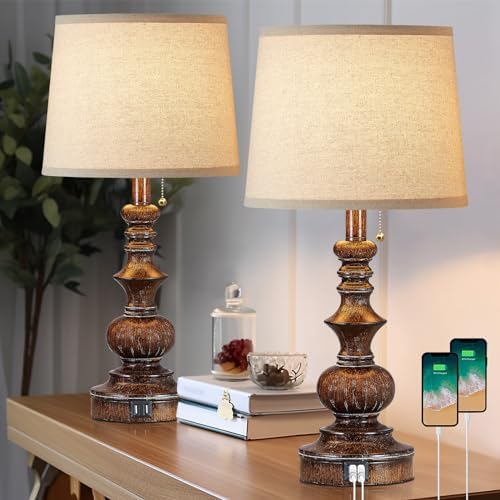 Drawealth Vintage Bedside Table Lamps Set of 2 for Bedroom Nightstand Lamps with USB Charging Ports Rustic Farmhouse Small Table Lamp for Living Room End Tables Brown Wooden Finish, Pull Chain by Drawealth