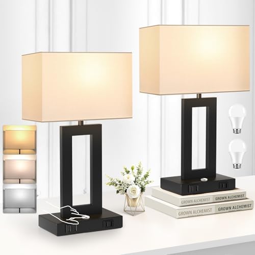 Kondras Set of 2 Table Lamps for Bedrooms, 3-Color Temperatures Touch Control Bedside Lamps with 2 USB Ports&AC Outlet, Stepless Dimmable Living Room Lamps for Nightstand, Bulbs Included, White&Black by Kondras