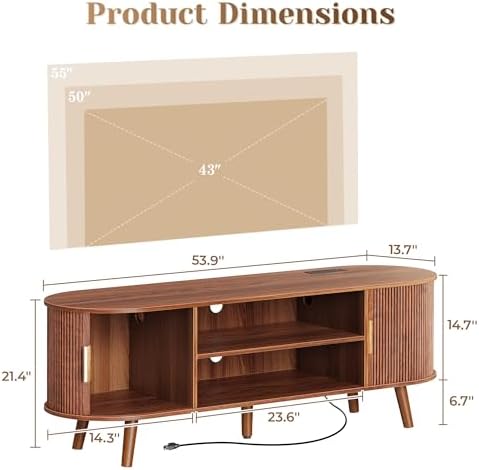 PRAISUN 54 Inch Fluted TV Stand for TVs up to 55 Inch, TV Media Console with Power Outlets and USB-C Port, Entertainment Center with Storage, Curved Sliding Doors, Adjustable Shelf, Brown - Image 3