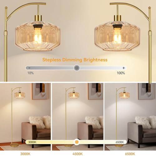 Vintage Floor Lamps for Living Room Glass Floor Lamp with Remote Control,Dimmable Floor Lamp Gold Mid Century Modern Standing Lamp 3 Color Temperature Brass Tall Floor Lamps for Bedroom Corner - Image 2