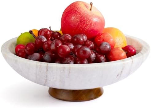 SAMAH Gray Marble Fruit Bowl with Acacia Wood Pedestal, Large Decorative Marble Bowl, Natural Stone Fruit Bowl for Kitchen Counter, Entryway, Keys, Dining Table, House Warming Gifts New Home(11Inch) by SAMAH