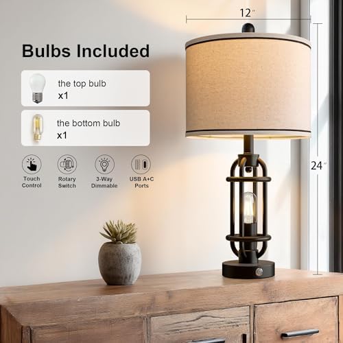 G-SAFAVA 24'' Table Lamps for Living Room Bedroom Industrial Touch Lamp with USB A+C Ports, Night Light Farmhouse Vintage Nightstand Bedside Lamps for Night Stands Metal Black, Bulbs Included - Image 4