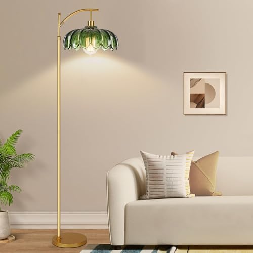 Gold Floor Lamps for Living Room,Glass Floor Lamp with Remote Control & Green Lampshade,Arc Flower Lamp Dimmable Mid Century Modern Standing Lamp Vintage Brass Tall Floor Lamp For Bedroom Corner - Image 6