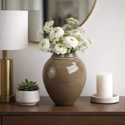 Glazed Oval Vase for Living Room Decor - Modern Stoneware Porcelain Flower Vase for Home, Bedroom, House or Office Table Accents - Timeless Accent Display for Study Room Decor - 11", Brown - Image 3
