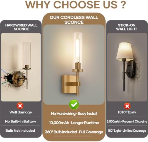 Wireless Wall Sconces with Remote Control, 10000mAh Battery Operated Wall Sconce Set of 2, Brush Gold Rechargeable Dimmable Wall Lights for Bedroom Living Room Bathroom Hallway Entryway, 3000K - Image 2
