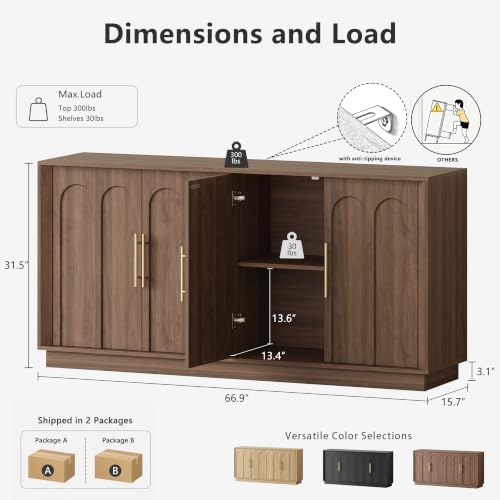 FORTUNETEC 67" Sideboard Buffet Cabinet with Storage, Arched Doors, Walnut - Image 2