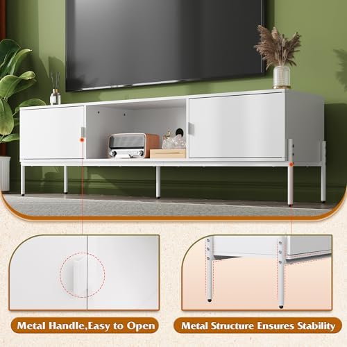 WLIVE 58" TV Stand for 65 Inch TVs, Mid Century Modern Entertainment Center with 2 Storage Cabinets & Open Shelf, Media Console Table with Metal Legs for Living Room, Bedroom, White - Image 4
