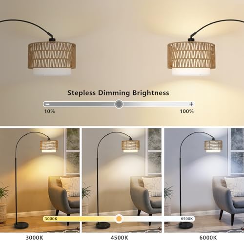 eyassi Arc Floor Lamp with Remote, Modern LED Floor Lamp with Dimmable Bulb, Boho Farmhouse Standing lamp with Fabric & Rattan Lampshades, Height Adjustable Black Tall Lamp for Living Room Bedroom - Image 2