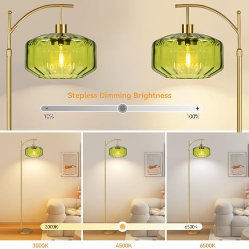 Gold Floor Lamps for Living Room Bedroom,Glass Floor Lamp with Remote Control & Green Lampshade,Arc Dimmable Floor Lamp Mid Century Modern Standing Lamp Vintage Tall Floor Lamps for Bedroom Corner - Image 2