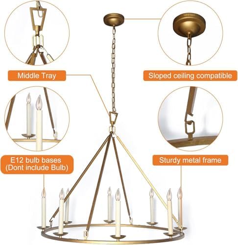 LOVEDIMA Gold Wagon Wheel Chandelier Rustic 35.4'' Candle-Shaped Metal Chandeliers Antique Brass Round Ceiling Hanging Light Fixture (8-Light) - Image 2