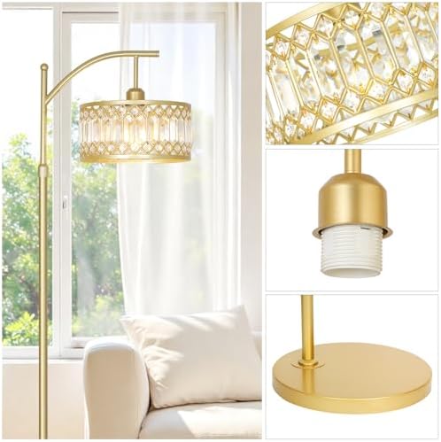 Gold Floor Lamp, Arc Floor Lamp for Bedroom, Standing Lamps for Living Room, Crystal Mid Century Modern Tall Lamp, Corner Stand Up Lamp, Height Adjustable Arched Brass Reading Lamps (Bulb Included) - Image 2