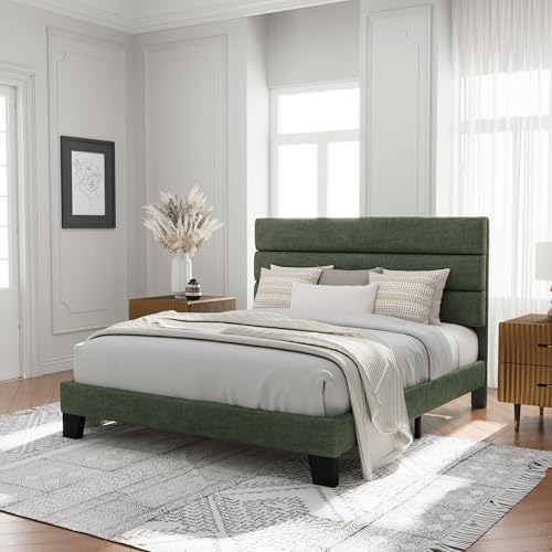 Allewie Full Size Platform Bed Frame with Fabric Upholstered Headboard and Wooden Slats Support, Fully Upholstered Mattress Foundation/No Box Spring Needed/Easy Assembly, Green - Image 3