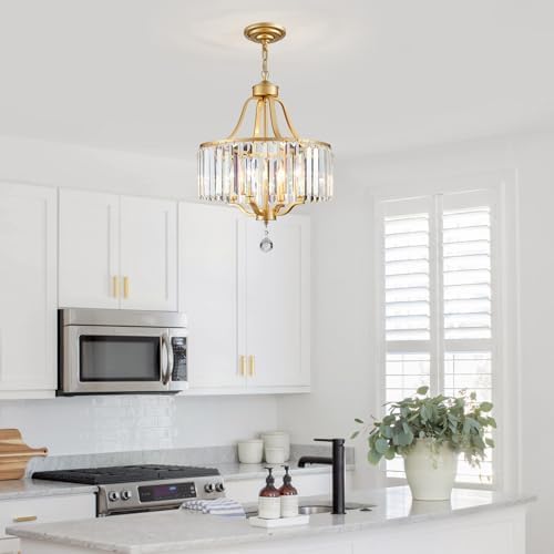 Gold Crystal Chandeliers for Dining Room, 4-Light Modern Round Chandeliers 15.7" for Living Room Kitchen Hallway Bedroom Foyer Hall, Adjustable Height Hanging Light Fixture - Image 6