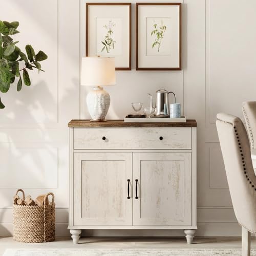 WAMPAT Buffet Cabinet with Doors & Drawer, Large Coffee Bar Table Wood Kitchen Storage Cabinets with Storage Cabinets, Modern Farmhouse Sideboard Credenza for Dining Room, Rsutic White, 34 inch by WAMPAT