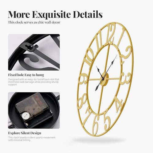Cuspin Gold Wall Clock for Living Room Decor, 24 Inch Large Metal Clock - Image 5