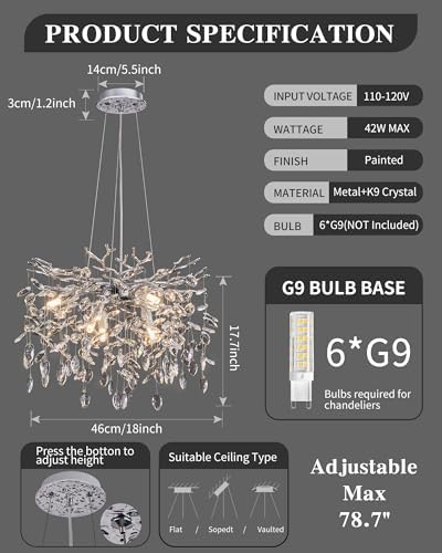 Modern Tree Branch Crystal Chandelier Luxury Silver Crystal Pendant Lighting 18" Contemporary 6-Light Chandeliers for Dining Room Kitchen Bedroom Living Room - Image 5
