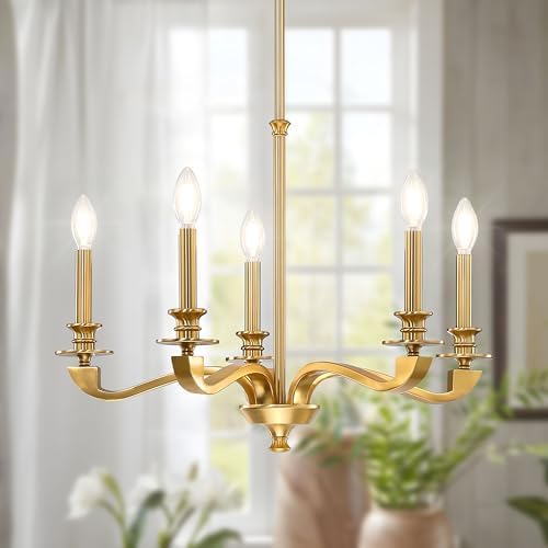 Gold Chandeliers for Dining Room, 25.5 Inch Vintage Gold Chandelier Light Fixture over Table, Farmhouse Candle Chandeliers, 5-Light Brass Chandeliers for Kitchen, Bedroom, Living Room (E12 Base) by Senroyal