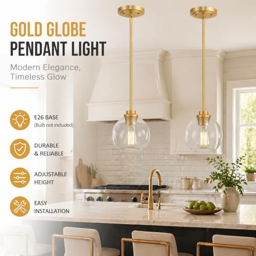 Gold Globe Pendant Light, 2-Pack Modern Clear Glass Hanging Fixture - Image 3