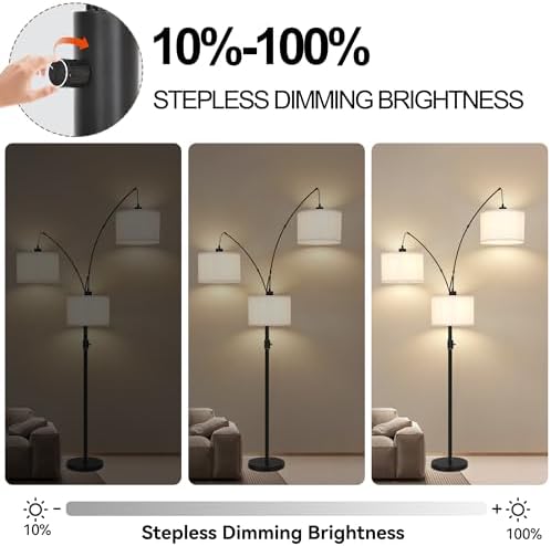 AHDWDW Dimmable Arc Floor Lamp-3 Lights Floor Lamps for Living Room,Modern Tall Standing Lamp with Beige Drum Shades&Heavy Base,Mid Century Tree Floor Lamp for Bedroom Corner Office,Bulbs Included - Image 2