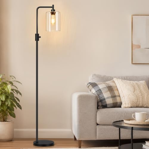 【Upgraded】 Dimmable Floor Lamp for Living Room with Seeded Glass Lampshade, Black Modern Glass Floor Lamp with 900LM LED Bulb Included, Arc Standing Tall Lamp for Bedroom, Office, Reading Room, Corner by Yemela