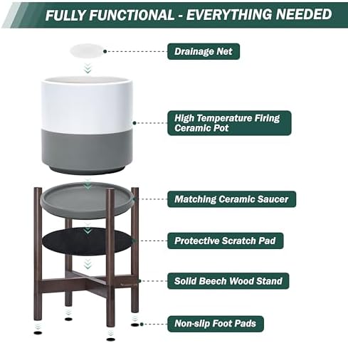 D'vine Dev Ceramic Pot with Walnut Wood Stand, White/Grey, 14 in, 55-B-T-6 - Image 5