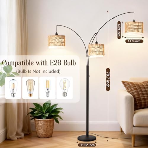 Black Arc Floor Lamp for Living Room, Boho Floor Lamp with Stepless Dimmable Switch, Rattan Standing Lamp with Wicker&Fabric Shade, Farmhouse Tall Lamp for Bedroom Over Couch Corner Reading - Image 3