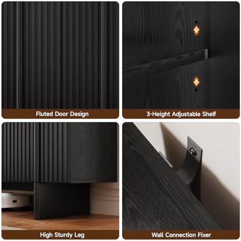 ONBRILL 63" Fluted Sideboard Cabinet with Storage Adjustable Shelves Black - Image 5