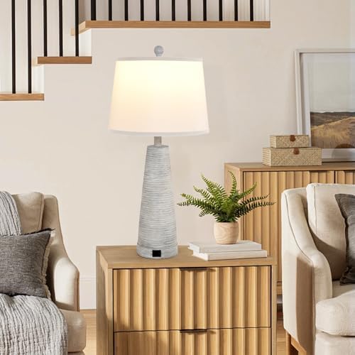 Terpsichore Nightstand Lamp Bedside Lamps Set of 2 Vintage Rustic Farmhouse Table Lamp 3 Way Dimmable Horizontal Stripe Light,for Living Room Bedroom,USB A+C (White, High 27 Inch) - Image 2
