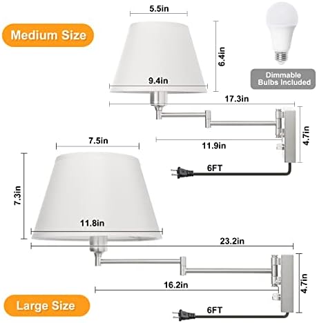 TRLIFE Dimmable Wall Sconce with Remote Control, Adjustable Color Temperature 2700K-6500K and Dimming 10-100% Swing Arm Wall Lights with Plug in Cord, 11.8" Large White Fabric Shade(2 Pack, 2 Bulbs) - Image 4