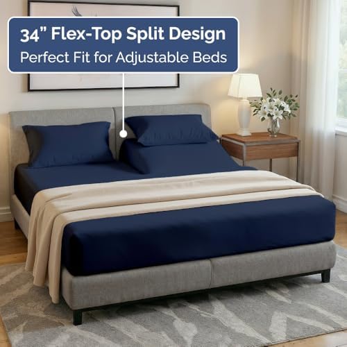 Flex Top Split Head King 4 Piece Sheet Set - Soft & Breathable - Navy Blue - Image 3
