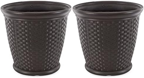 Suncast 2 Pack Sonora 22 Inch Plastic Wicker Indoor or Outdoor Decorative Garden Flower Planter for Entryways, Porch, and Backyard Patios, Dark Brown by Suncast