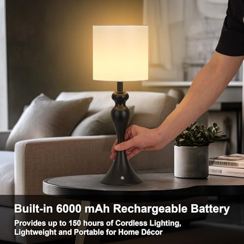 Cordless Table Lamp Rechargeable, Battery Fabric Bedside Touch Light, Black - Image 3