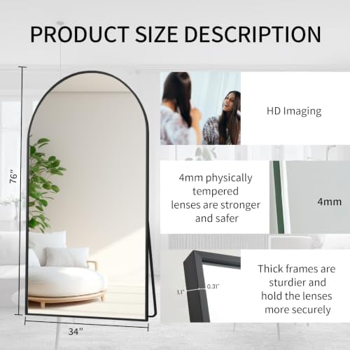 Beauty4U 76" x 34" Arched Full Length Mirror with Stand, Black Floor Mirror - Image 2