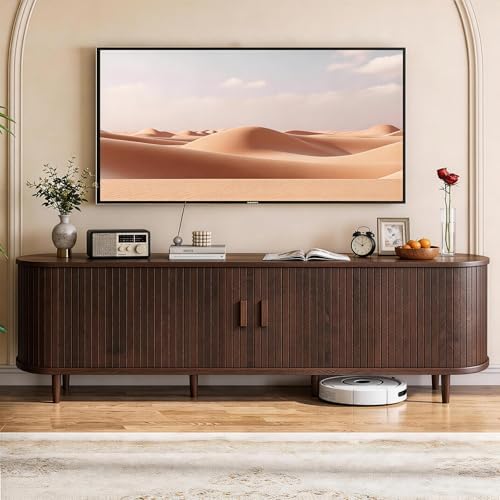 70" Mid Century Modern TV Stand with Power Outlet, Fluted Entertainment Center with Storage and Adjustable Shelves, Wood TV Console with Sliding Doors for Living Room, Walnut - Image 2