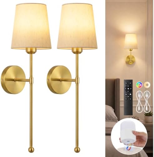 Battery Operated Wall Sconce Set of 2, RF Remote, Brass and Beige Shade by Percantis