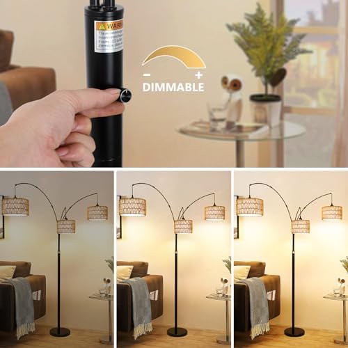 Black Arc Floor Lamps for Living Room, Farmhouse Boho Floor Lamp for Bedroom, Industrial Standing Lamp for Office, Dimmable Tall Lamp with Rattan Lampshades, Reading Arched Light - Image 2