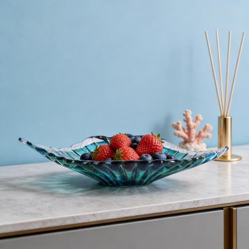 Hand blown decorative glass bowls, large green glass fruit bowls, and serving plates perfect for displaying on coffee tables, dining tables, kitchen countertops, TV stands, and entryway shelves. - Image 2