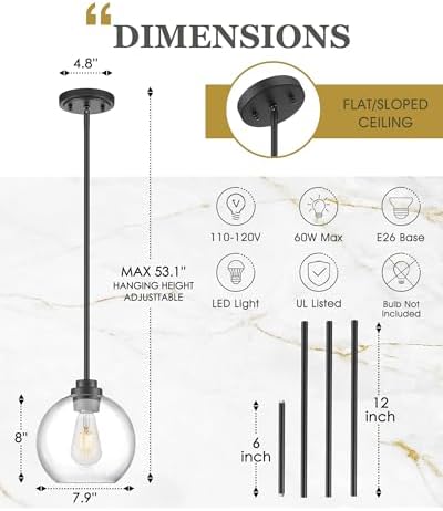2 Pack Pendant Lights Kitchen Island, 8" Black Pendant Light Fixtures with Globe Clear Glass Shade, Modern Kitchen Island Lighting for Bathroom, AD-22280-2PL-BK - Image 2