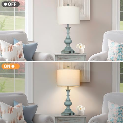 Farmhouse Table Lamps Set of 2, 26" Vintage Rustic Touch Control 3-Way Dimmable Bedside Lamp with USB A+C Ports & AC Outlet, Blue Nightstand Lamp for Living Room Bedroom End Table(LED Bulbs Included) - Image 6