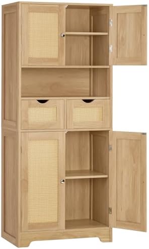 Iwell Tall Storage Cabinet with 2 Drawers & Adjustable Shelves, Rattan Cabinet, Kitchen Storage Cabinet, Pantry Cabinet with 4 Doors, Tall Cabinet for Living Room, Kitchen, Home Office, Natural by IWELL