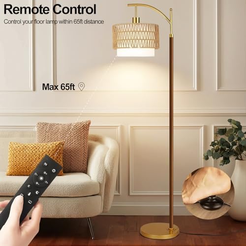 ZECOXOL Boho Floor Lamps for Living Room Rattan Floor lamp with Remote Control & 3 Color Temperatures,Vintage Wood Mid Century Modern Standing Lamp Dimmable Tall Floor Lamp for Bedroom Corner - Image 4
