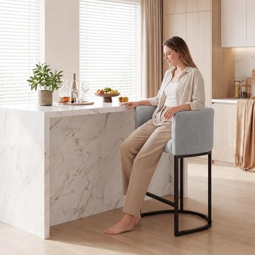 GRUSIGN Chenille Counter Height Bar Stools Set of 1, 26" Kitchen Island Stools with Arms & Footrest, Upholstered Barrel Back Bar Chairs for Kitchen, Dining Room, Bar & Lounge Area, Grey - Image 5