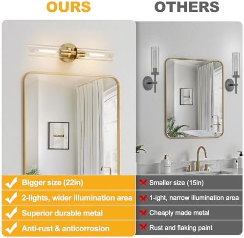 Indoi Brushed Gold Wall Sconces, Hardwired Bathroom Sconces Wall Lighting with Clear Glass, Modern Sconces Wall Light fixtures for Bathroom Mirror Living Room Hallway Bedroom - Image 2