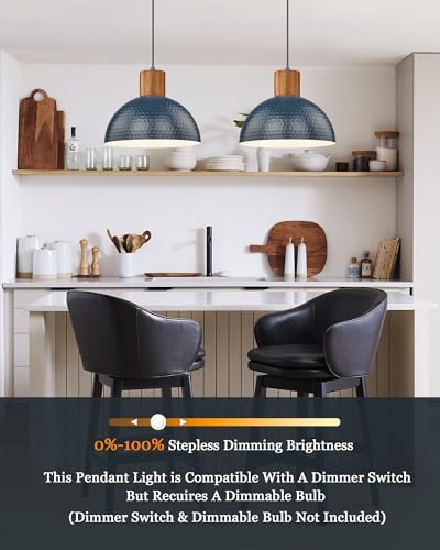 ELYONA Modern Hammered Pendant Light Fixtures with 12" Metal Shade Solid Wood Dome Hanging Pendant Light for Farmhouse Kitchen Island Dining Room Sink Bedroom Hallway Medium 2 Pack Blue - Image 2