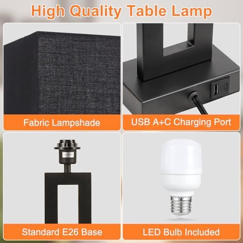 Seealle 22" Tall Living Room Lamps for Night Stands - Touch Bedside Lamp with USB C+A, 3 Way Dimmable Bedroom Lamps for End Tables Set of 2, Modern Night Stand Lamps for Bed Side(Black&Black) - Image 5