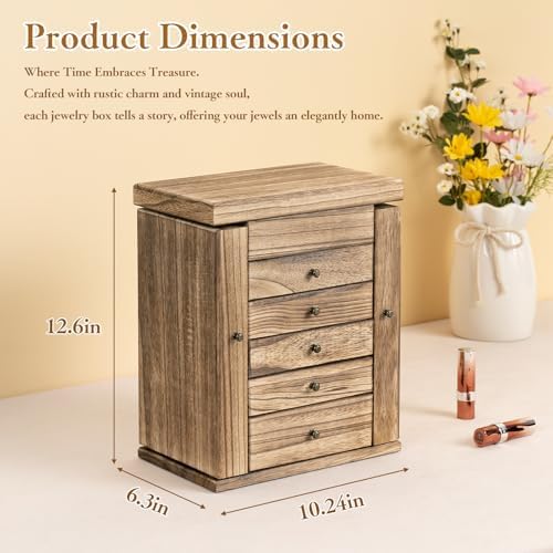 Emfogo Wooden Jewelry Box for Women, 6-Tier Large Jewelry Organizer Boxes with Mirror Rustic Solid Wood jewlery Storage Display for Rings Earrings Necklaces Bracelets watches(Carbonized Brown) - Image 2