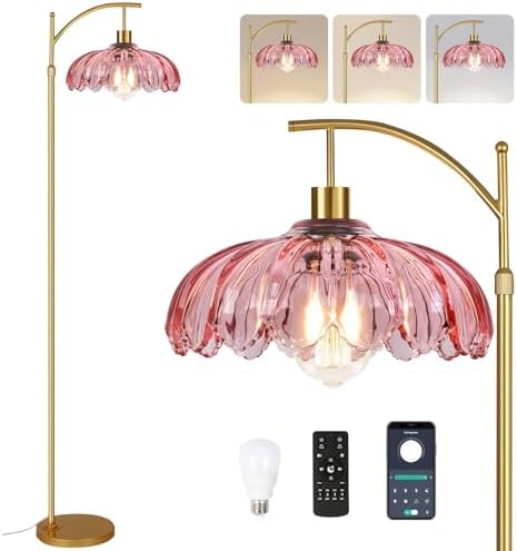 QIYIZM Pink Floor Lamp for Living Room,Bedroom,Gold Dimmable Standing Lamp with Remote,Mid Century Modern Brass Tall Lamp Boho Floor Lamps Arc Stained Glass Flower Floor Light Lamp Girls kids Bohemian by QIYIZM