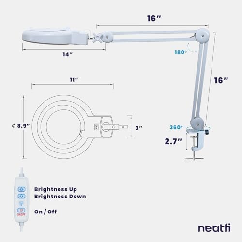 Neatfi LED Magnifying Lamp with Clamp | 12W | 60 SMD LEDs |1,200 Lumens | Adjustable Step Dimming | 2.25x Magnification Desk Lamp Magnifier for Crafts, Painting, and Hobbies (White-2, 5-Diopter) - Image 6