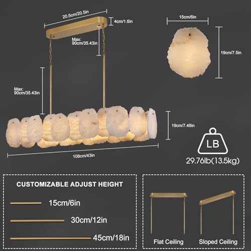 Rectangle Alabaster Chandelier, L43in Modern Spanish Marble Dining Room Chandelier Over Table, Adjustable Long Chandeliers for Living Room, Alabaster Chandeliers for Kitchen Island, Foyer, Entryway - Image 6